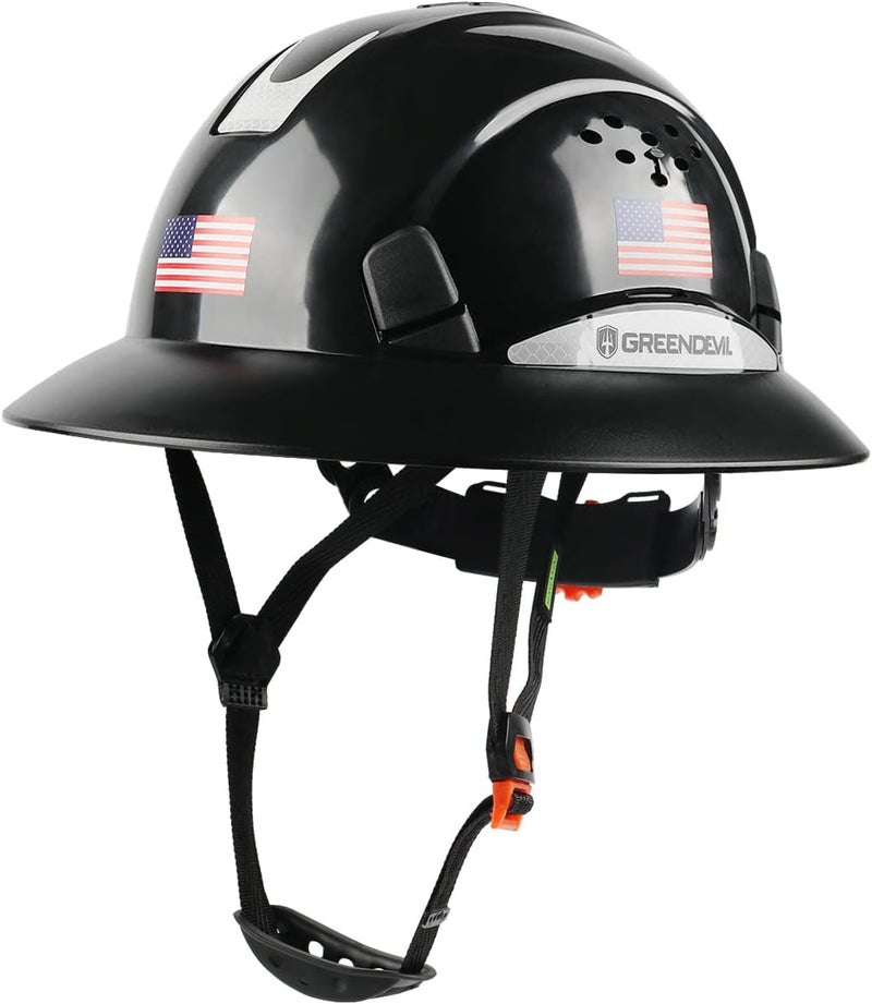 GREEN DEVIL Full Brim Hard Hat Vented Construction Safety Helmet OSHA Approved Cascos De Construccion Work Hardhats with Cooling Towel for Men&Women 6 Point Adjustable Ratchet Suspension - Image 1